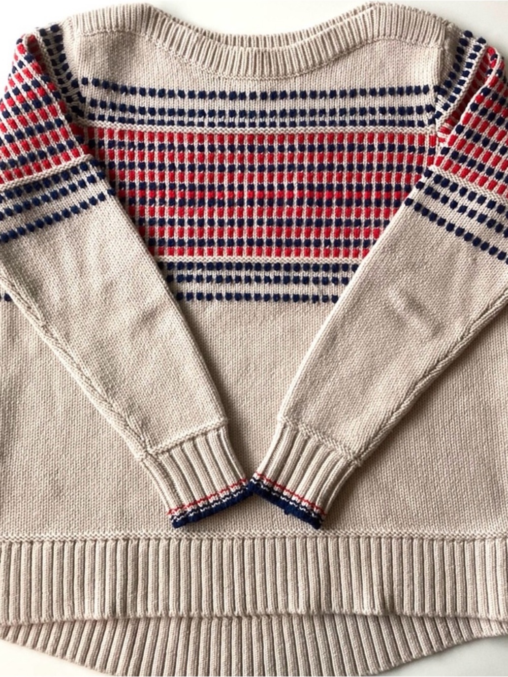 L.L. Bean Cream Sweater with Red and Navy Fair Isle Yoke